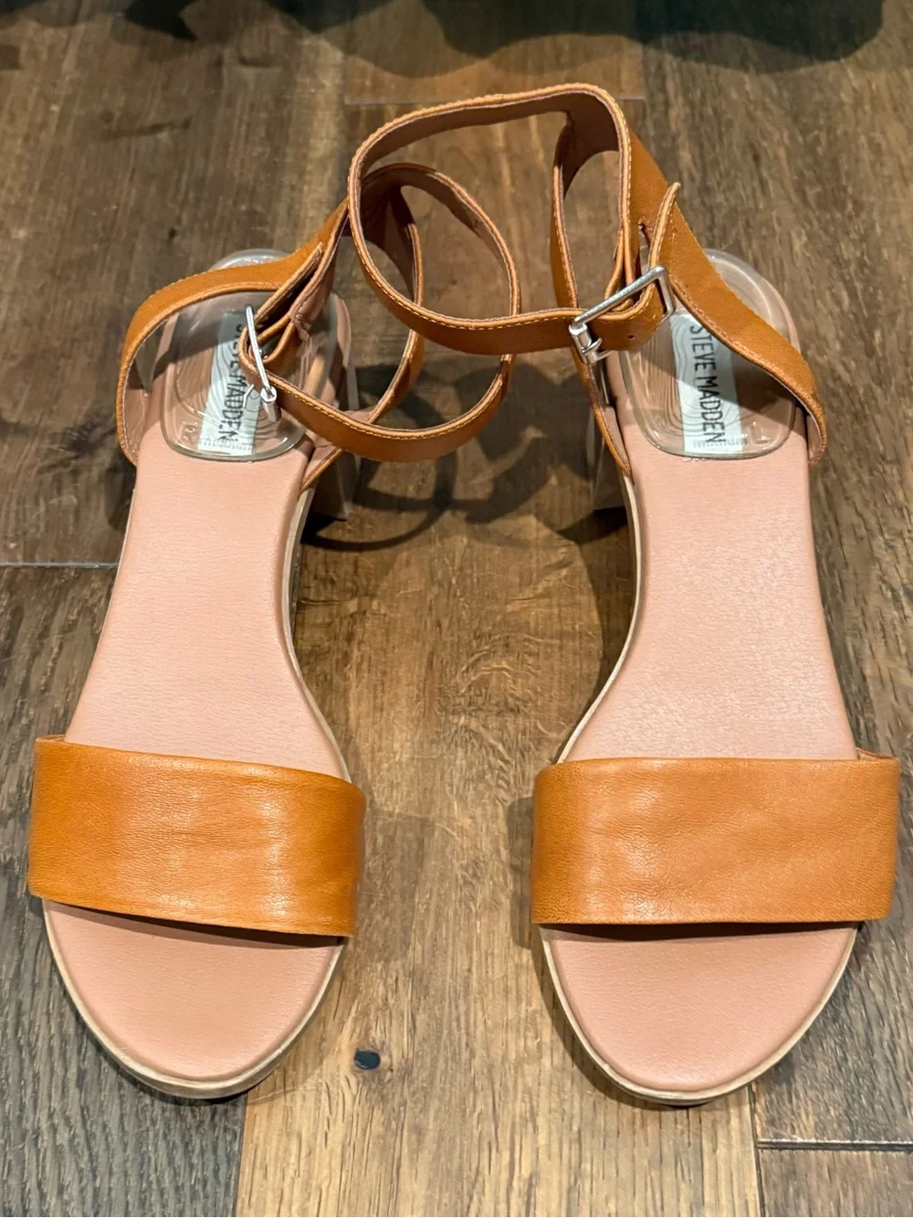 Steve Madden Kemmy Tan Leather Ankle-Strap Block Heel Sandals  Size 9